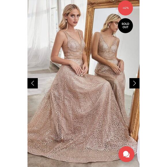 Cinderella Divine Champagne Gold V-Neck Glitter Print A-Line Prom Gown Size 4? - Picture 2 of 15